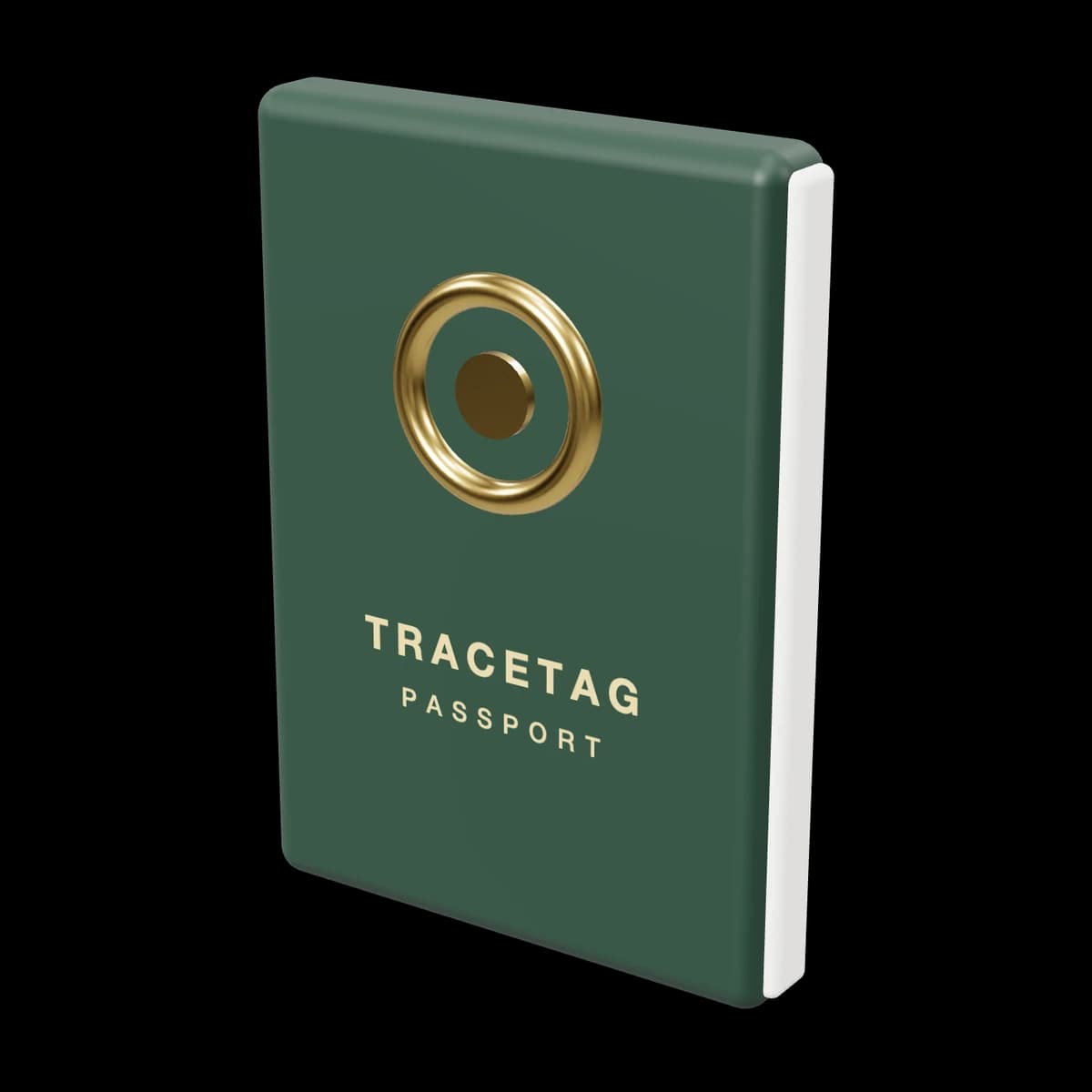 Green TraceTag item passport with a gold emblem, 3D render