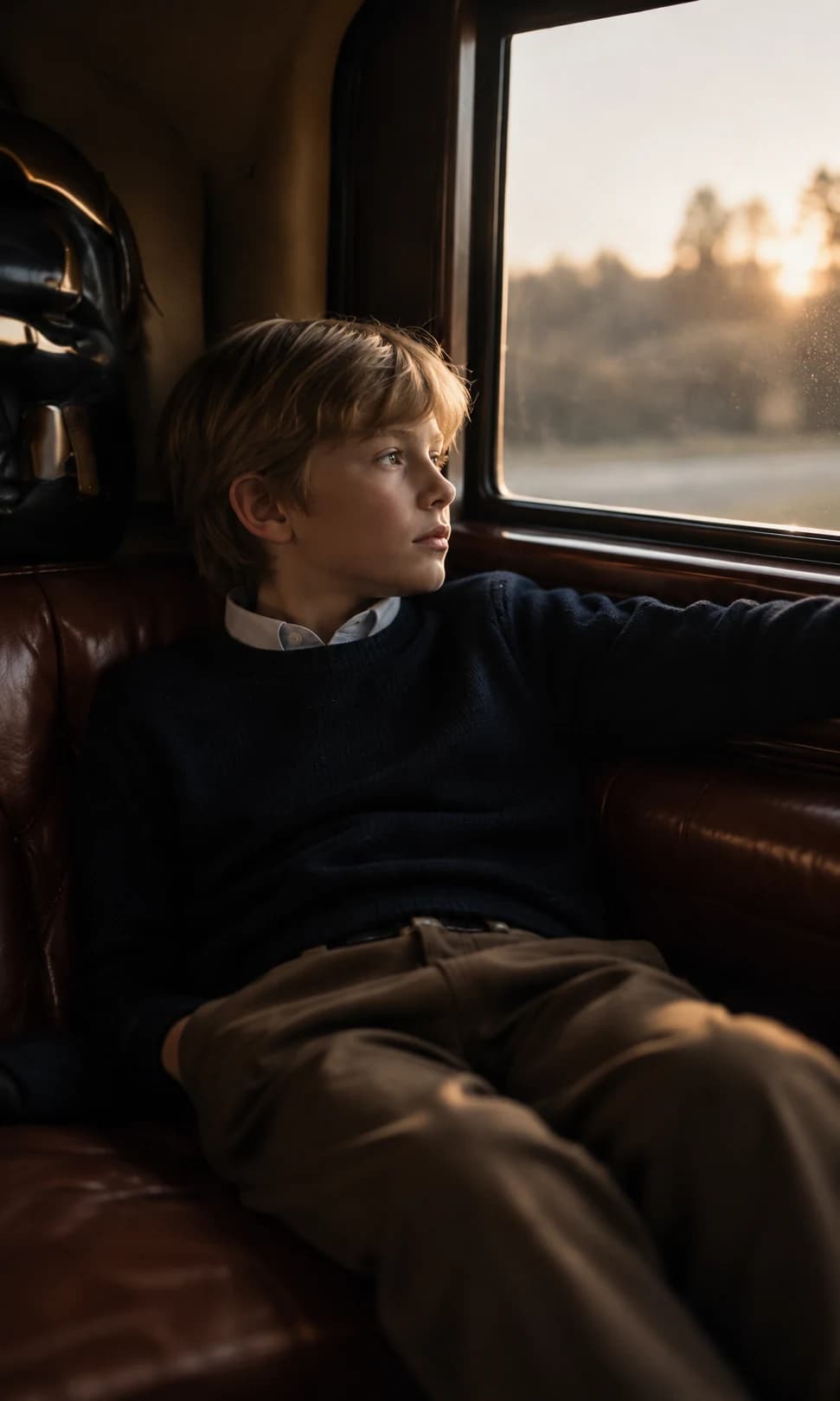 Boy in a cream cable-knit sweater in a library